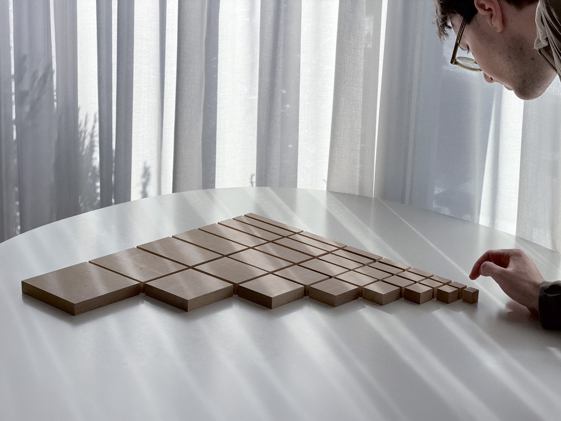 Morphotheque wooden set in its case on a table.