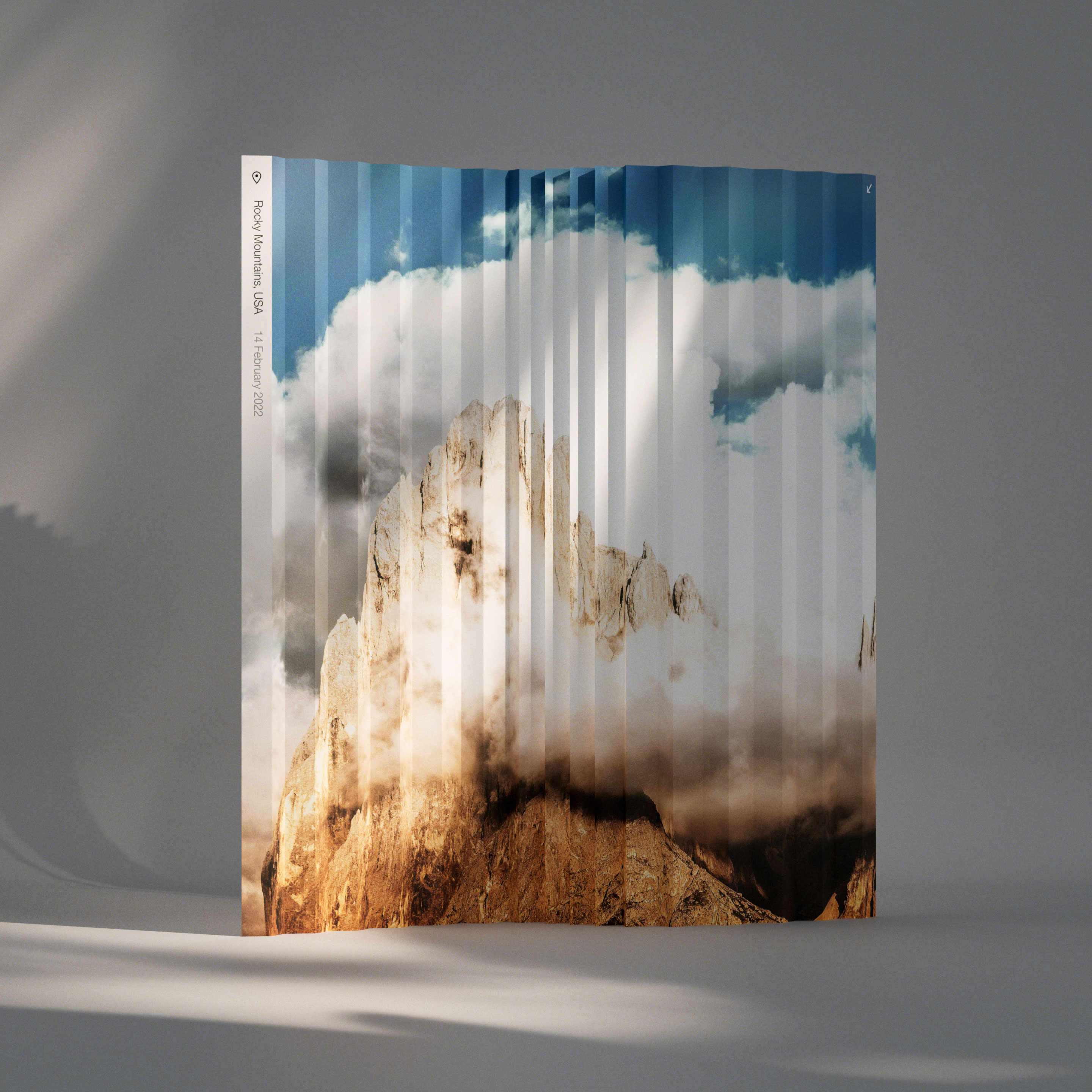 Landscape image presented on a pleated surrounding screen.