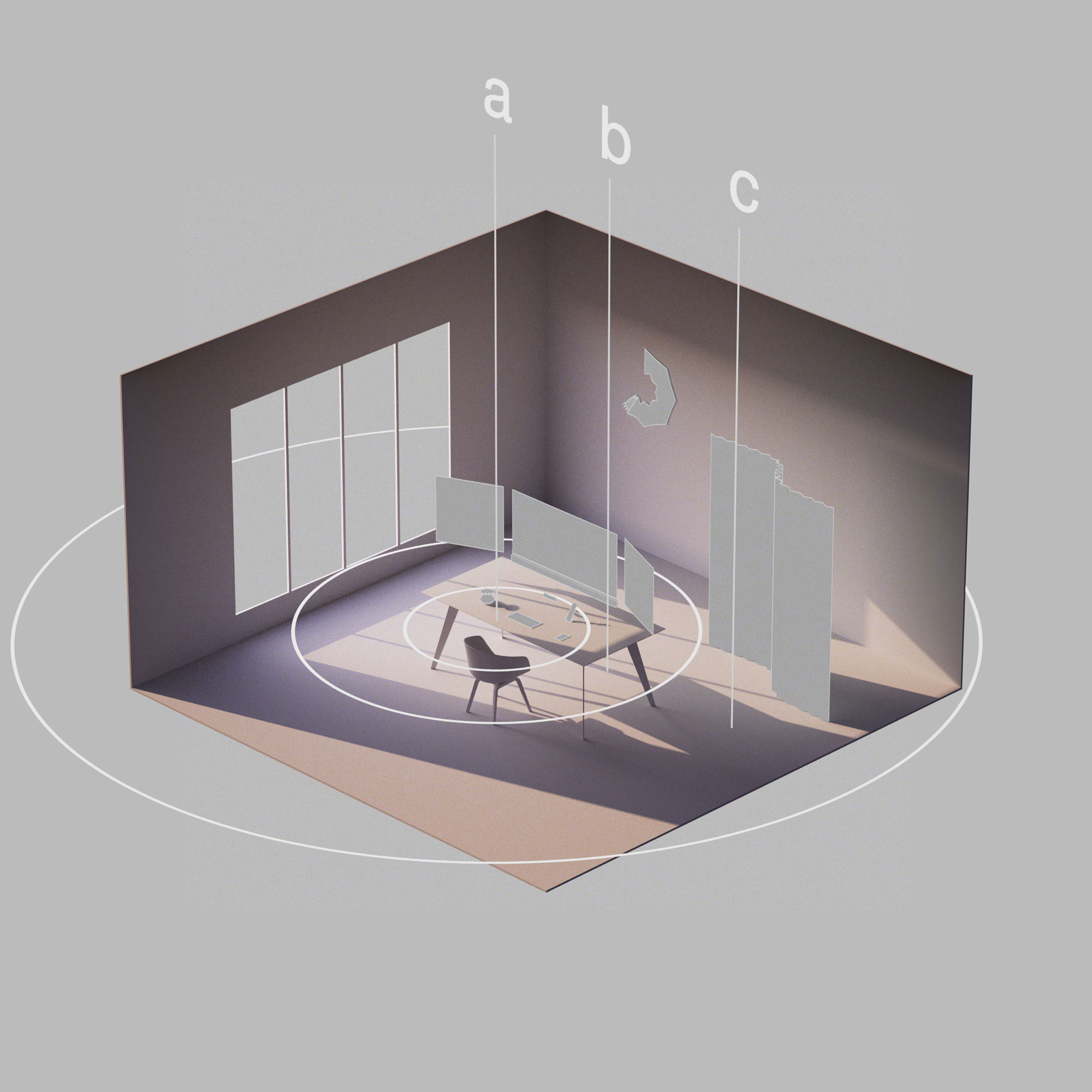 Isometric diagram of Paravent OS screen types in a room.